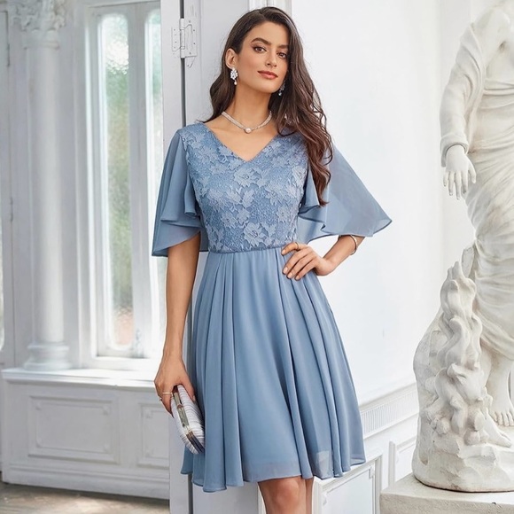 Grace Karin Dresses & Skirts - NEW| Women's Chiffon Flutter Sleeves Pleated V-Neck Lace Cocktail Dress